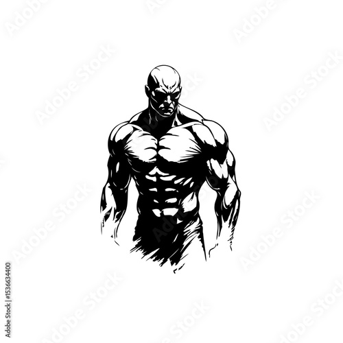 Monochrome illustration of a muscular bodybuilder figure in dramatic lighting