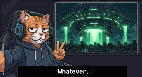 Gamer cat making peace sign with alien invasion behind