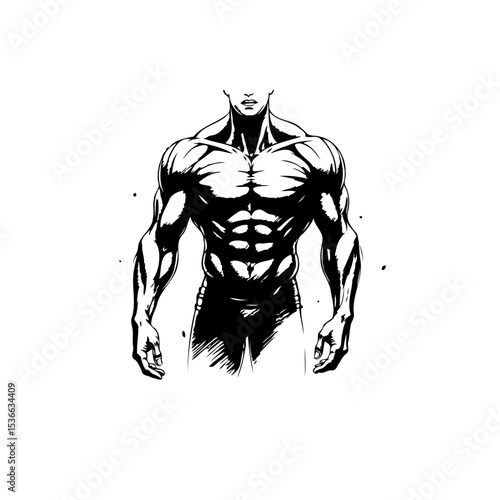 Muscular Physique Artwork: Black and White Illustration of a Bodybuilder's Torso