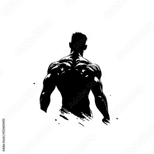 Silhouette of a muscular man with defined physique in black and white illustration