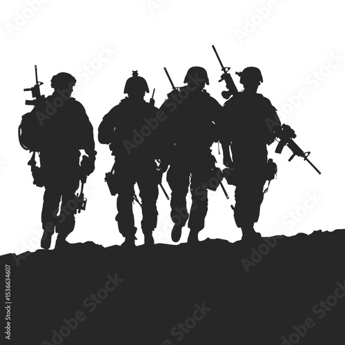 silhouette soldiers special forces team full uniform walking action