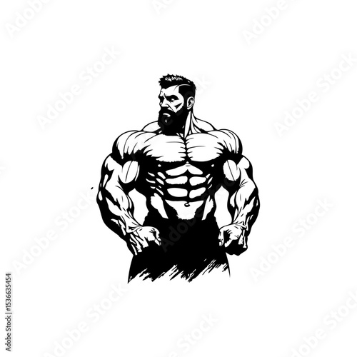 Bodybuilder muscular man with beard illustration for gym or sport product design