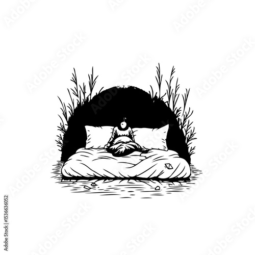 Monochrome illustration of a creature meditating in a secluded space beneath vegetation