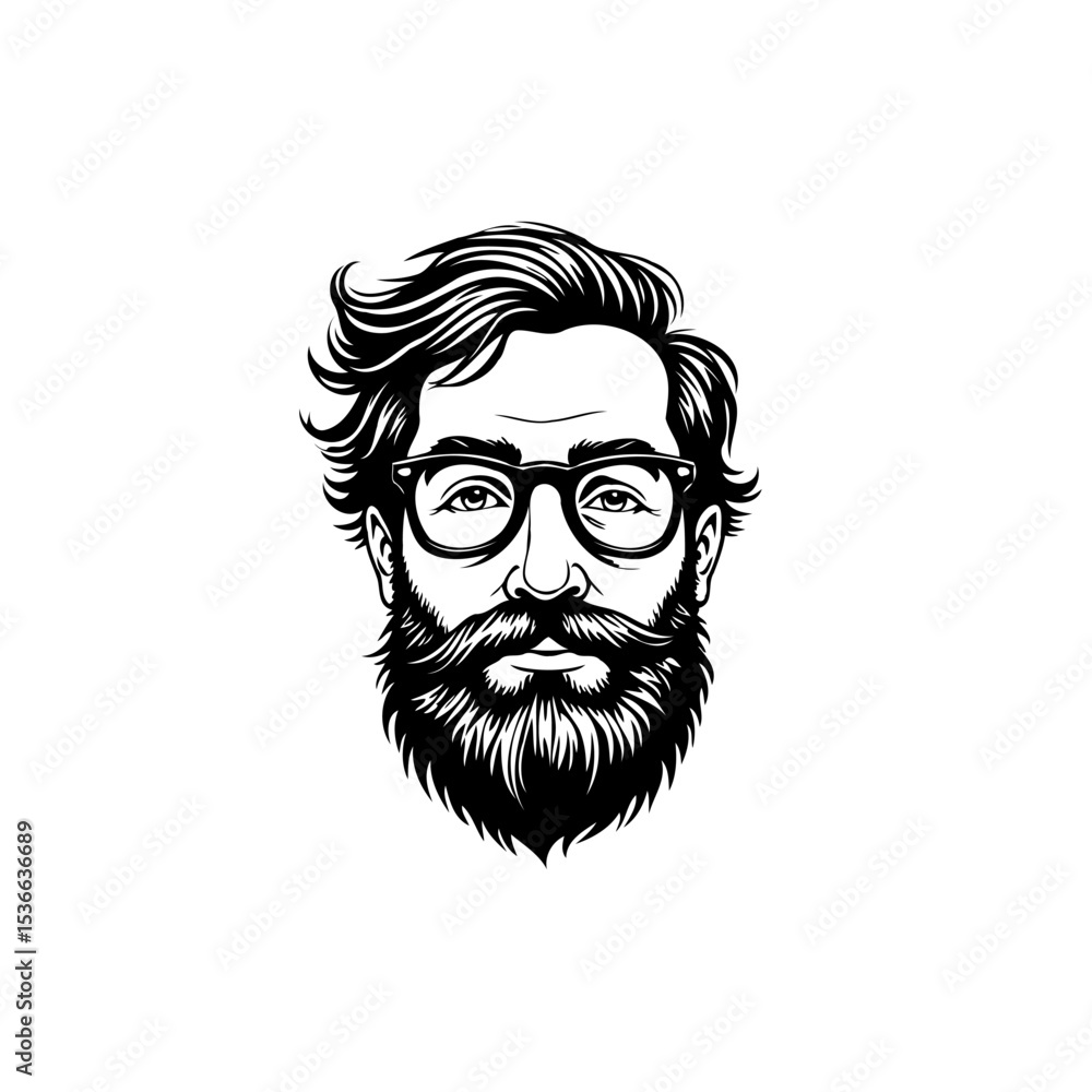 Detailed Illustration of a Man with Beard and Glasses in Black and White Detailed Illustration of a Man with Beard and Glasses in Black and White