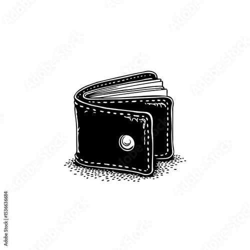 Black and white sketch of a leather wallet filled with paper money on a white background
