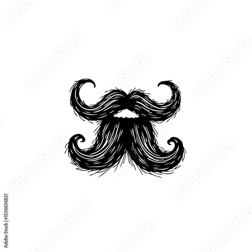 A meticulously detailed illustration of an ornate, black mustache on a white background