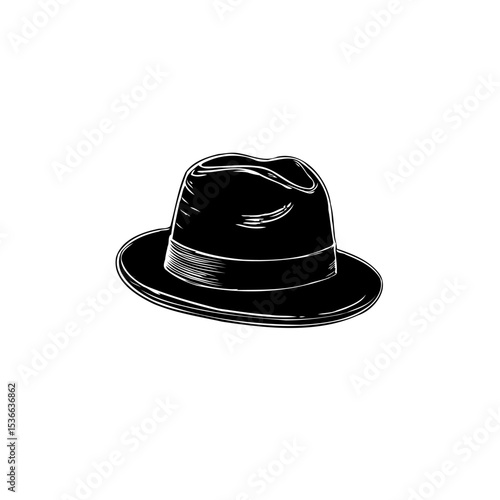 Elegant black and white illustration of a classic fedora hat isolated on white