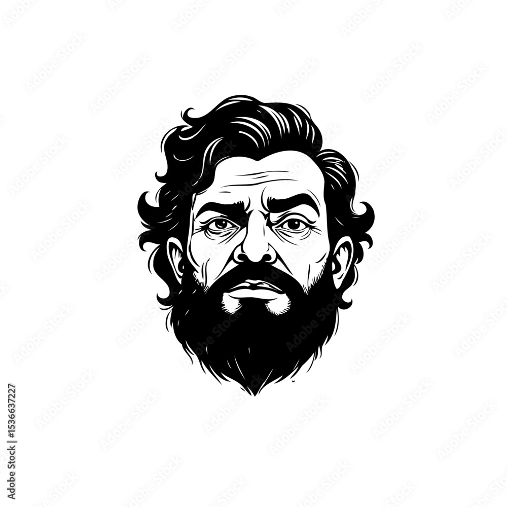 Intense monochrome portrait of a man with a strong beard and curly hair Intense monochrome portrait of a man with a strong beard and curly hair