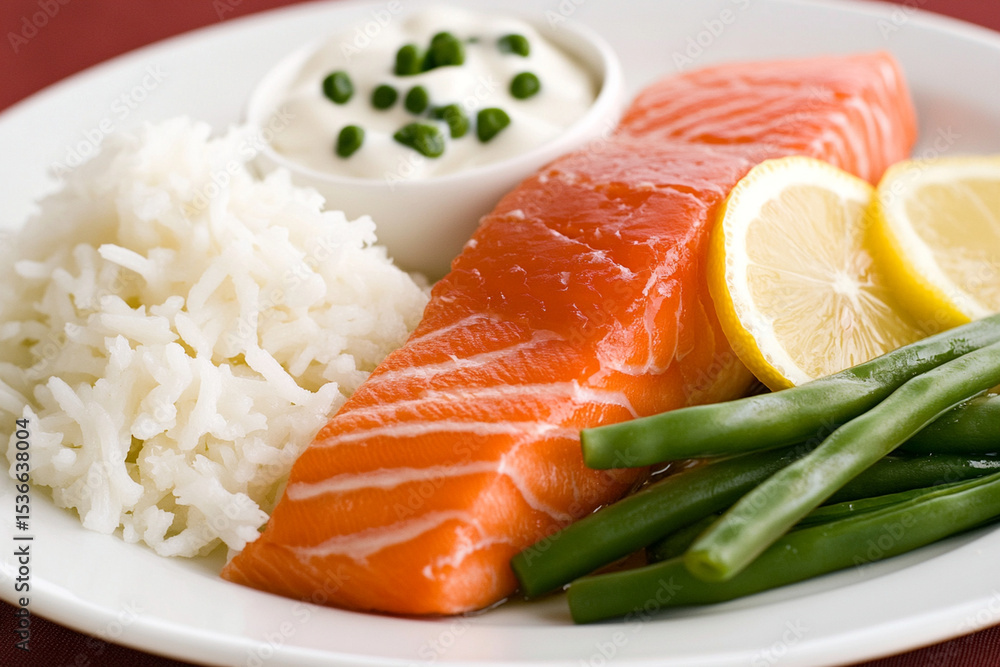Baked salmon fillet served with lemon, rice, and green beans Baked salmon fillet served with lemon, rice, and green beans