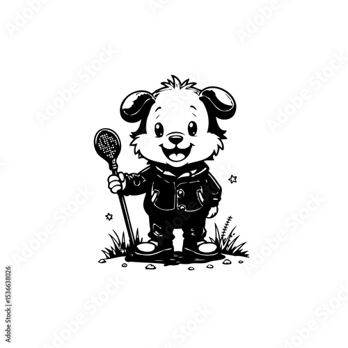 Adorable cartoon dog character holding tennis racket, embodying fun and sportsmanship