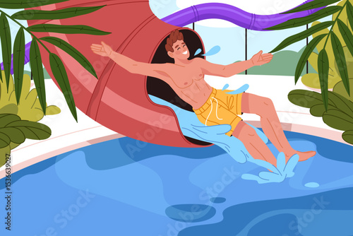 Man sliding in water park or aquapark attraction. Vector person enjoy summer vacation activity at playground pool. Symbol of aqua tube amusement and wet recreation seasonal entertainment ride.