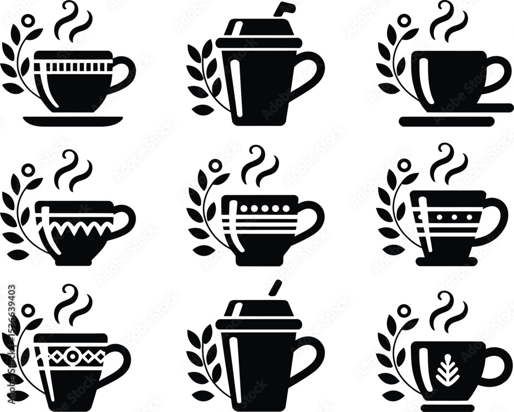 custom made wallpaper toronto digitalCollection of decorative coffee cups with steam and floral elements in black