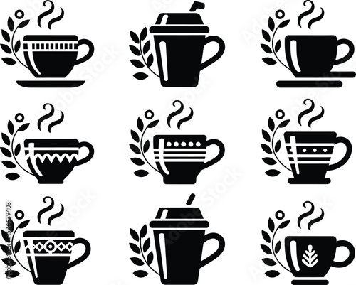 Wallpaper Mural Collection of decorative coffee cups with steam and floral elements in black Torontodigital.ca