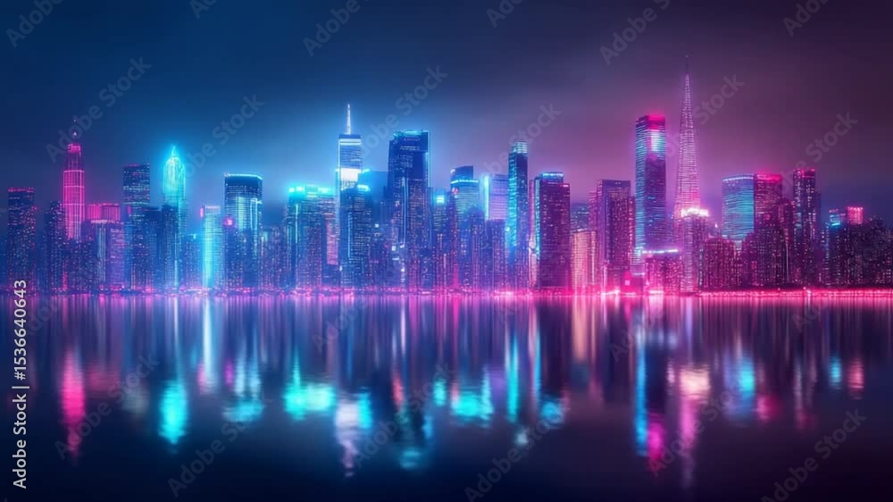 Futuristic Vibrant Cityscape Reflecting in Calm Water at Twilight with Neon Lights Futuristic Vibrant Cityscape Reflecting in Calm Water at Twilight with Neon Lights