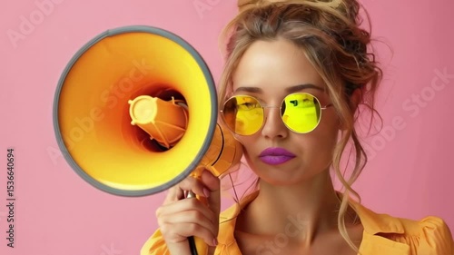 A video of a young girl with a megaphone on a vibrant yellow-pink background, shouting or speaking, ideal for promotions, advertising, or web banners.
