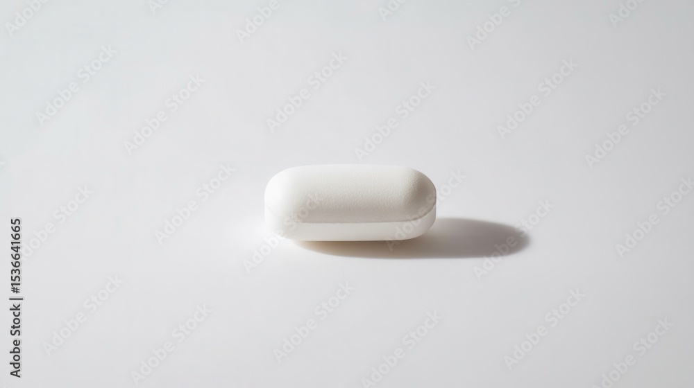 Single pill on plain white background in sterile indoor setting Single pill on plain white background in sterile indoor setting