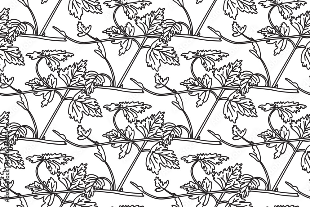 Fototapeta premium Line art seamless pattern with botanical grapevine vector illustration. Black outline repeating vine plant with long stem and leaves in white background. Graphic design for Birthday Fashion Cover Card
