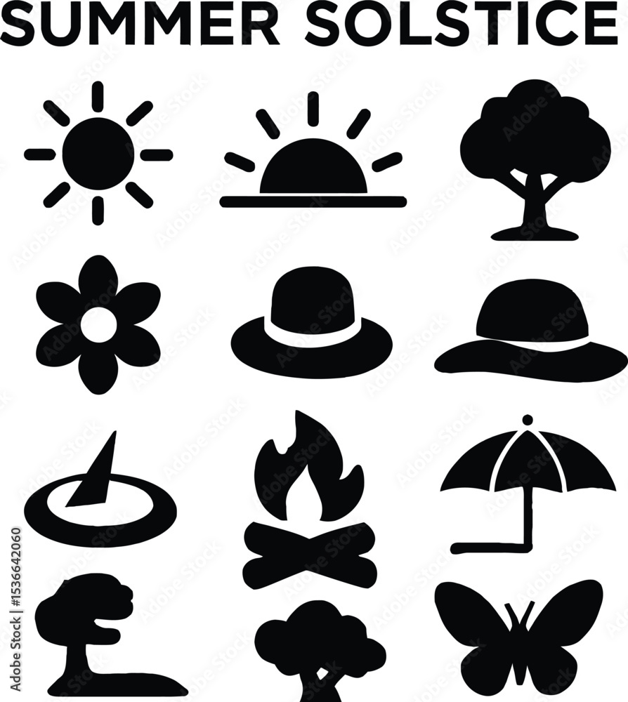 Black silhouette icon set for Summer Solstice. Includes solid black icons of a radiant sun with rays, sunrise over horizon, leafy tree, floral bloom, campfire, sun hat, sundial, sun umbrella, bu Black silhouette icon set for Summer Solstice. Includes solid black icons of a radiant sun with rays, sunrise over horizon, leafy tree, floral bloom, campfire, sun hat, sundial, sun umbrella, bu