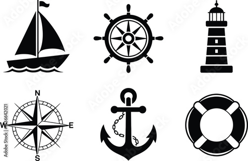 Nautical Icons Set Sailboat Ship Wheel Lighthouse Compass Rose Anchor and Lifebuoy