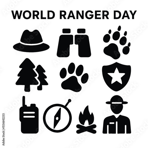 Black silhouette icon set for World Ranger Day. Includes solid black icons of a ranger hat, binoculars, walking boots, wildlife footprints, trees, animal paw prints, ranger badge, radio, compass, camp