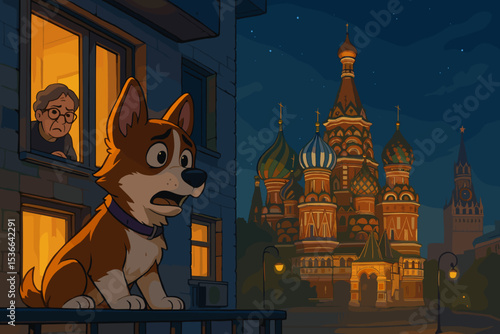Dog sitting on balcony looking worried at night in city  