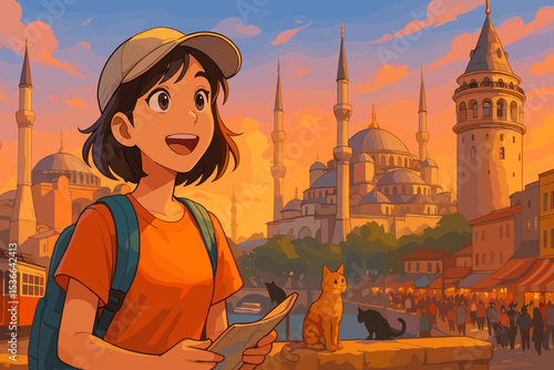 Young girl smiling while exploring city with a map at sunset  