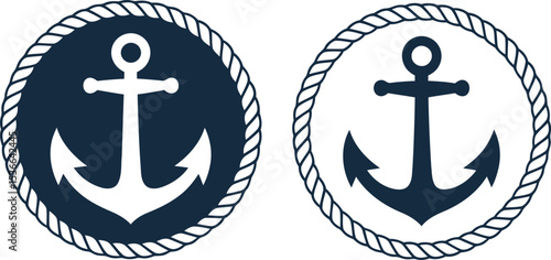Nautical Anchor Icons with Rope Border Navy and White Color Schemes Vector Illustration