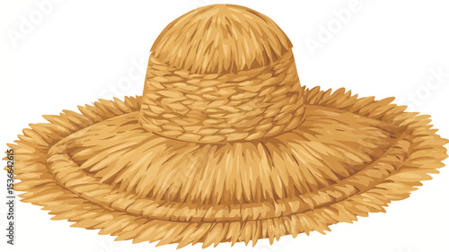 A digital illustration of a straw hat, viewed from above. The hat is light gold/beige in color and appears to be woven from straw.  The crown of the hat is relatively small, while the brim is wide