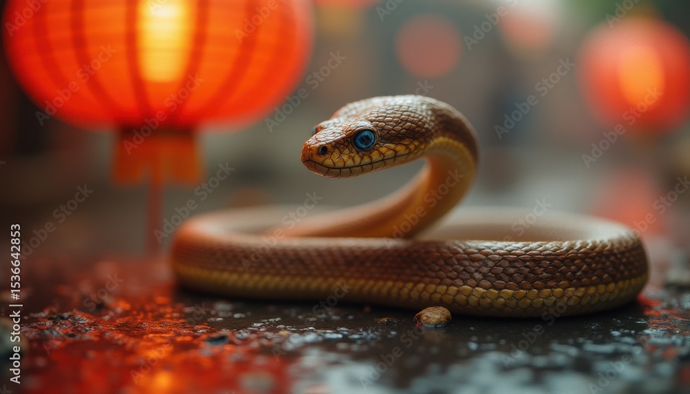 Fototapeta premium Coiled snake posing near illuminated paper lanterns at night