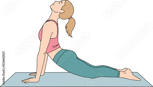 Woman doing cobra yoga pose on mat, fitness exercise, healthy lifestyle, stretching workout, home yoga session, flexibility training, wellness illustration, vector drawing
