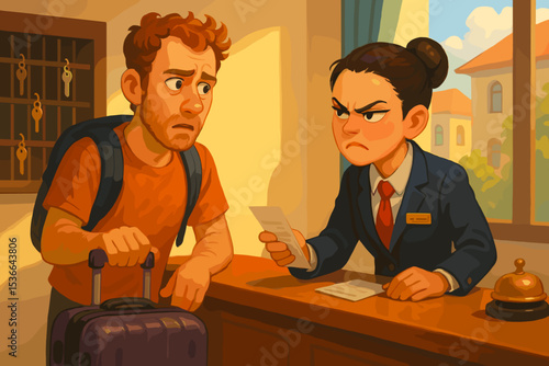 Frustrated man talking to angry hotel receptionist at counter  