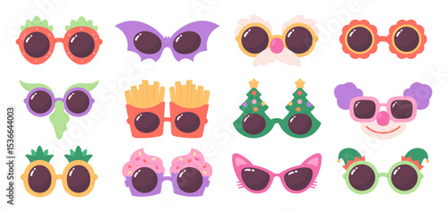 Funny party glasses. Different carnival eyewear, glasses for birthday, christmas and new year, fast food festival. Quirky accessories, racy vector set
