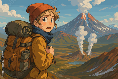 Young hiker looking scared while exploring volcanic landscape  