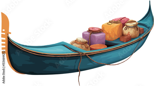 A digital illustration depicting a teal-colored gondola, a traditional Venetian boat, laden with various wrapped packages and containers of different shapes, sizes, and colors. The gondola is