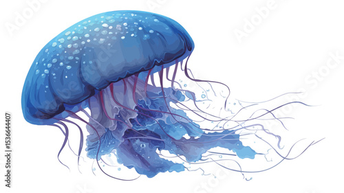 A digital illustration of a blue jellyfish against a white background. The jellyfish is depicted in a side profile view, showcasing its bell-shaped body with numerous trailing tentacles