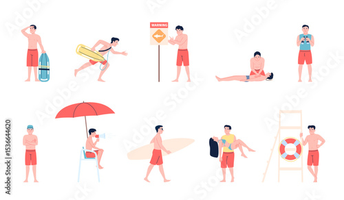 Lifeguard beach characters. Rescue men in swimsuits, with binoculars and megaphones. Rescuers, first aid, save person life on water, recent vector set