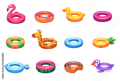 Cartoon swimming rings. Rubber ring for swim and play in water. Inflatable circle different animals and food, pineapple, flamingo, nowaday vector clipart