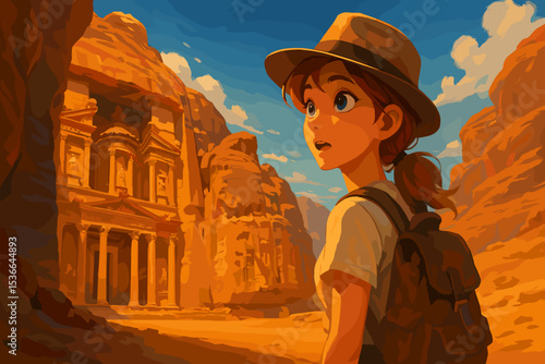 Young girl exploring ancient ruins with backpack and hat  