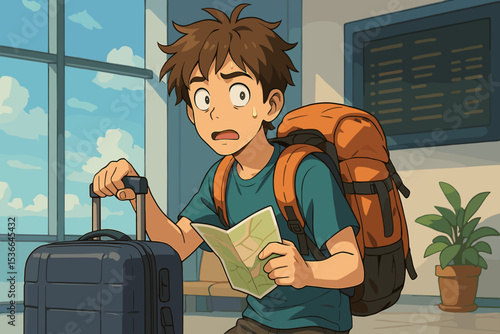 Young man looking confused while holding a map in an airport terminal  