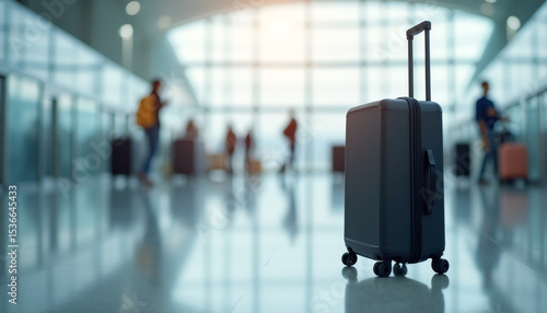 Modern Black Carry-On Suitcase at Airport – Travel Gear with Blurred Terminal Background