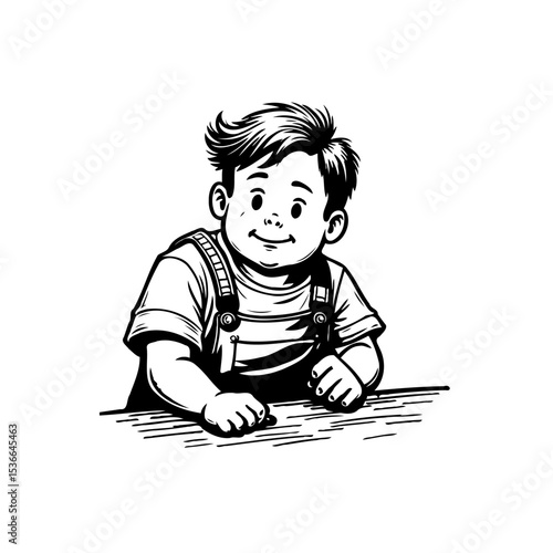 Adorable Little Boy in Overalls Leaning on Surface Black and White Illustration
