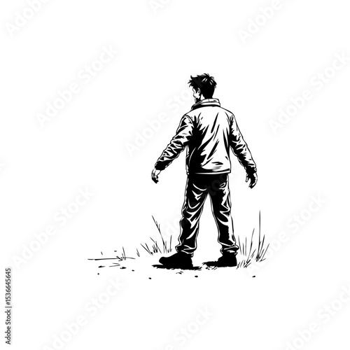 Solitary figure in jacket standing on grass in stark monochrome illustration