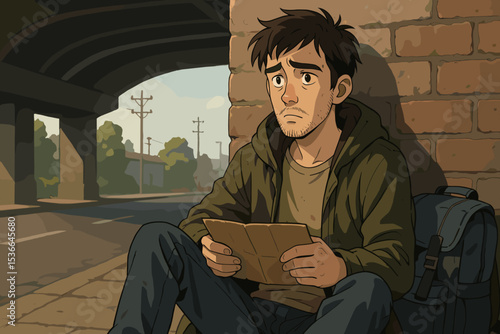 Young man sitting on street under bridge looking at a map  