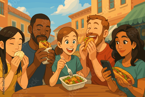 Friends enjoying diverse street food at an outdoor cafe  
