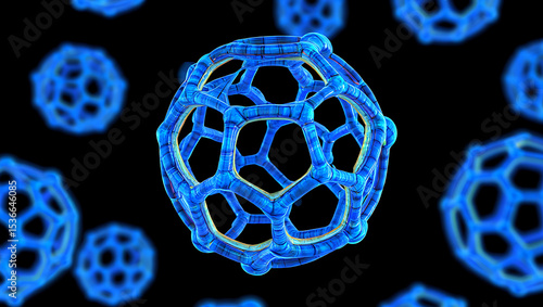 Microscopic Marvel: A detailed 3D render showcases a vibrant, blue Buckminsterfullerene molecule against a stark background, evoking the intricate beauty of molecular structures.