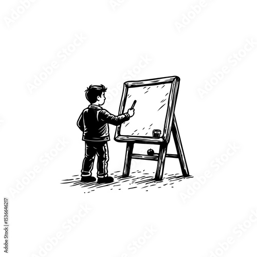 Young student using a whiteboard to learn and practice writing skills attentively