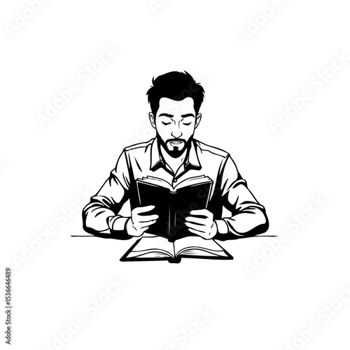 Focused man immersed in reading a book with intense concentration depiction