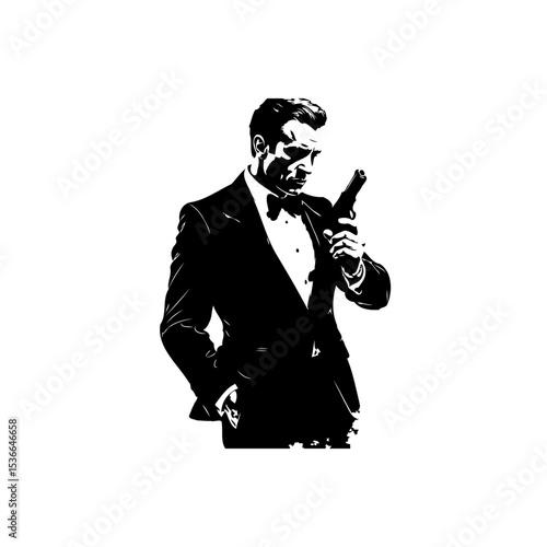 Elegant Secret Agent Illustration with Tuxedo and Gun in Striking Black and White