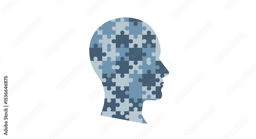 Human Head Silhouette with Blue Puzzle Pieces Symbolizing Mind, Mental Health, Problem Solving, and Cognition Human Head Silhouette with Blue Puzzle Pieces Symbolizing Mind, Mental Health, Problem Solving, and Cognition