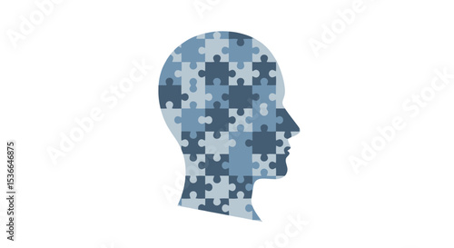 Human Head Silhouette with Blue Puzzle Pieces Symbolizing Mind, Mental Health, Problem Solving, and Cognition